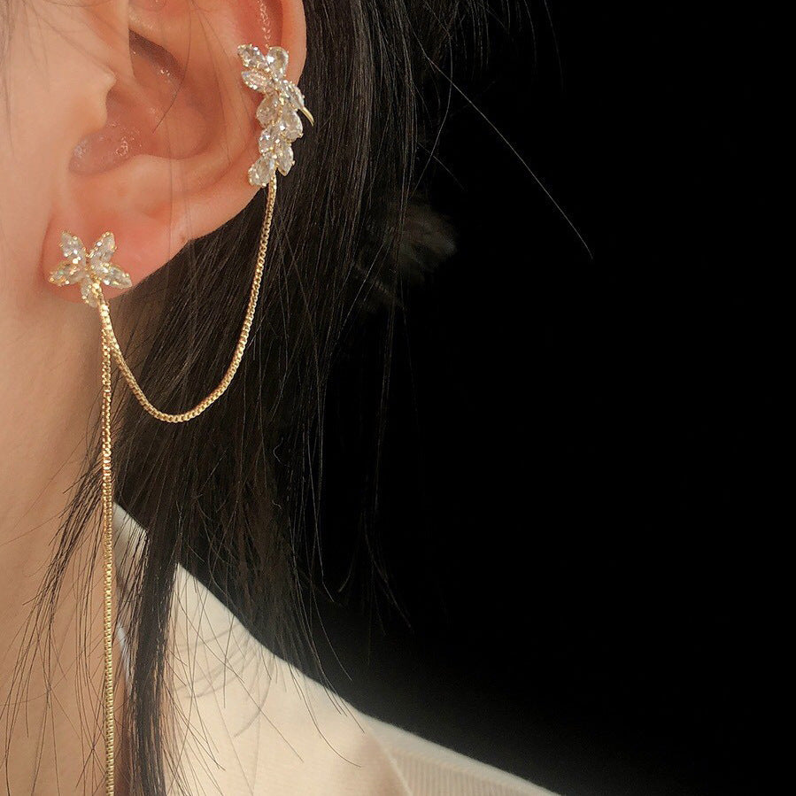 Ins Zircon Long One-piece Tassel Earrings Female Cold Style Flower Stud Earrings Ear Clip