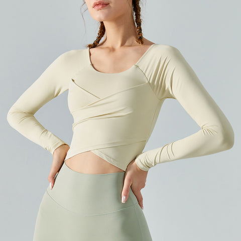 Long Sleeve Cross Pleated Workout Tops