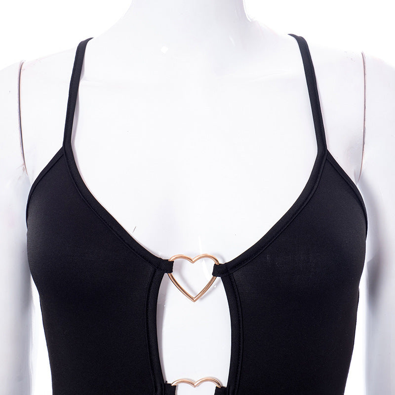 Hollow Out Bodycon Dress Camisole Heart Ring Decor Club Sexy Party Dress For Women