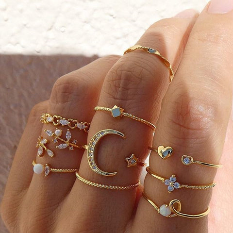 Bohemian Star Moon Love Pearl Leaf 10-Piece Ring