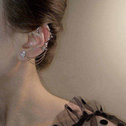 Ins Zircon Long One-piece Tassel Earrings Female Cold Style Flower Stud Earrings Ear Clip