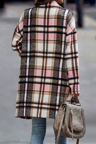 Plaid Woolen Long Jacket With Turndown collars and Pockets