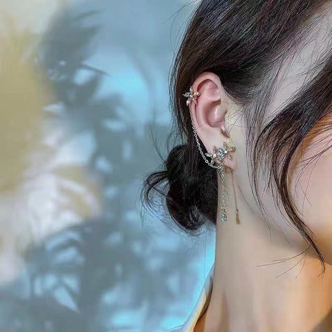 Ins Zircon Long One-piece Tassel Earrings Female Cold Style Flower Stud Earrings Ear Clip