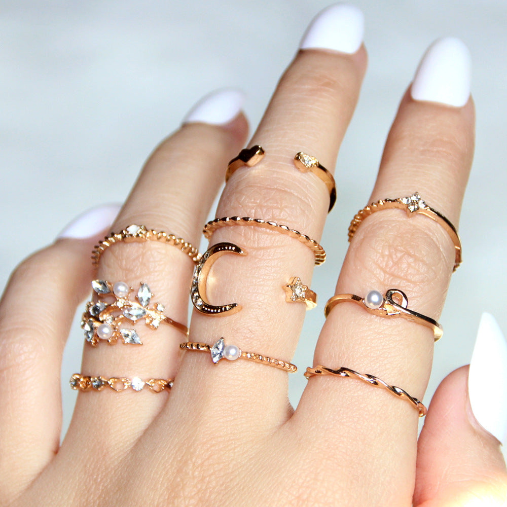 Bohemian Star Moon Love Pearl Leaf 10-Piece Ring