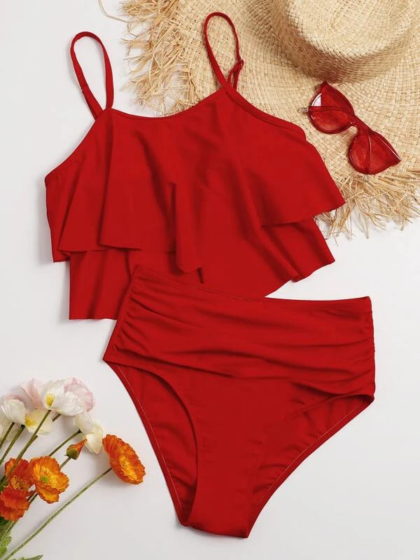 Tropical Print Ruched High Waisted Tankini Summer Beach