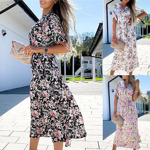 Printed Waistband And Big Hem Midi Dress