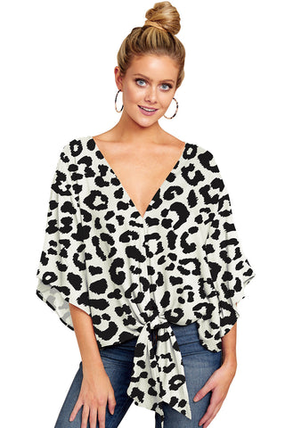 New V Neck Leopard Print Floral Tie Front Blouses