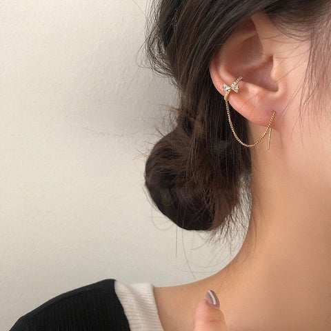 Ins Zircon Long One-piece Tassel Earrings Female Cold Style Flower Stud Earrings Ear Clip