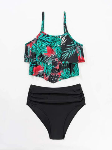 Tropical Print Ruched High Waisted Tankini Summer Beach
