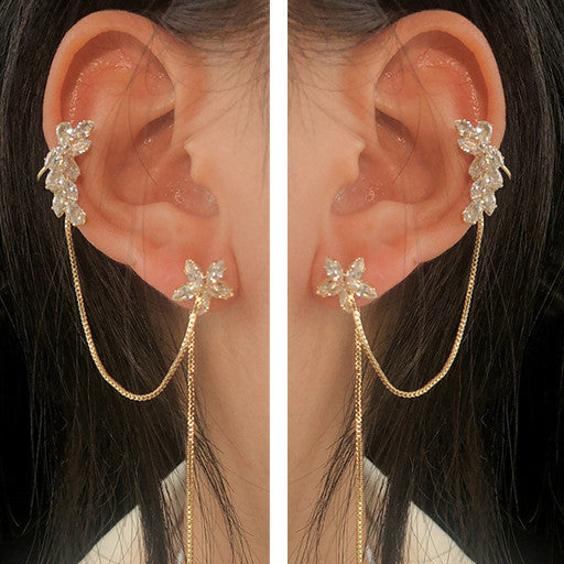 Ins Zircon Long One-piece Tassel Earrings Female Cold Style Flower Stud Earrings Ear Clip