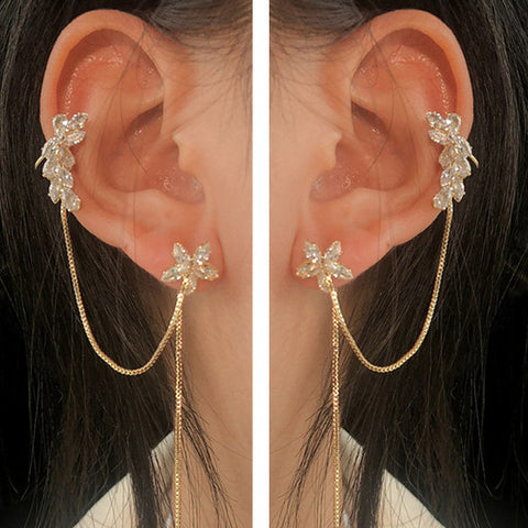 Ins Zircon Long One-piece Tassel Earrings Female Cold Style Flower Stud Earrings Ear Clip